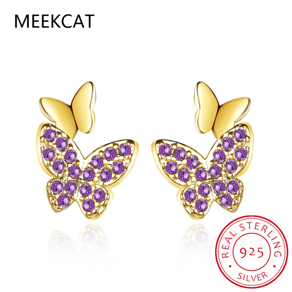 Orecchini a bottone con farfalla in vero argento sterling 925 con zirconi per le donne alla moda, gioielli raffinati carini, accessori in oro 18 carati
