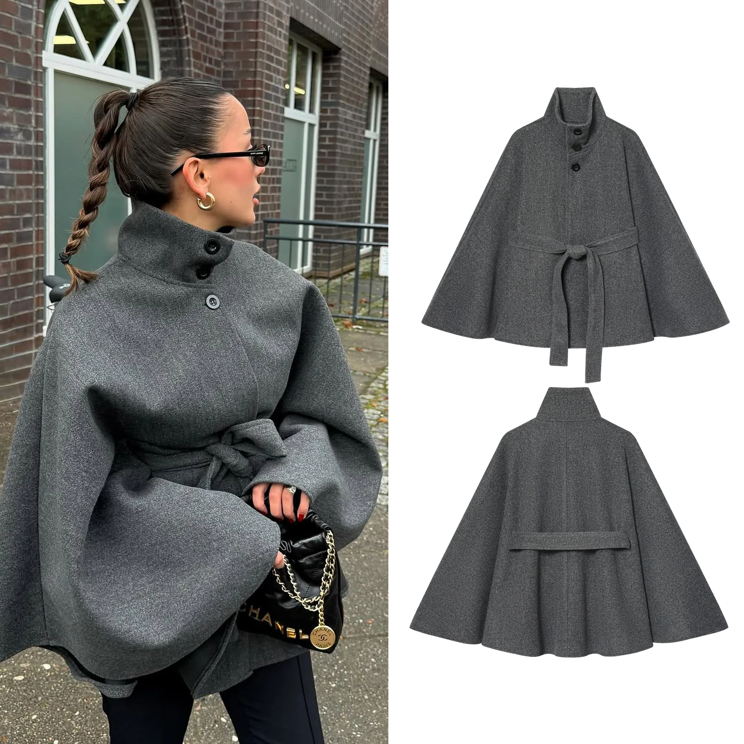 

Женские весенне-осенние новые куртки на шнуровке с высоким воротом и поясом, шерстяные свободные пальто трапециевидной формы, уличное теплое элегантное пальто-плащ