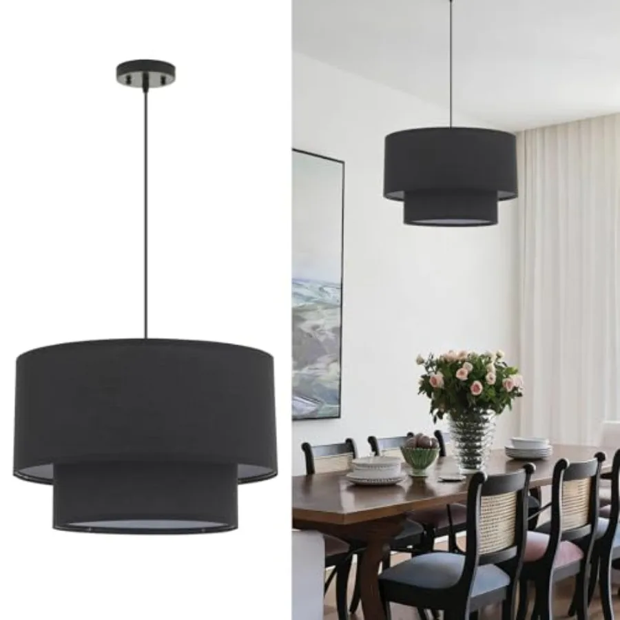 

Modern Chandelier Fabric Pendant Light Fixture Double Drum Shade Hanging Ceiling Chandelier 3 Lights Round Linen for Bedroom Di