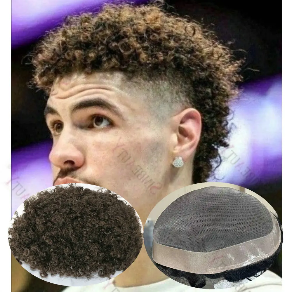 

New Men Toupee 8mm/10mm/12mm Kinky Curly 100%Remy Human Hair Wigs Fine Mono NPU Base Capillary Prosthesis System Male Hairpiece