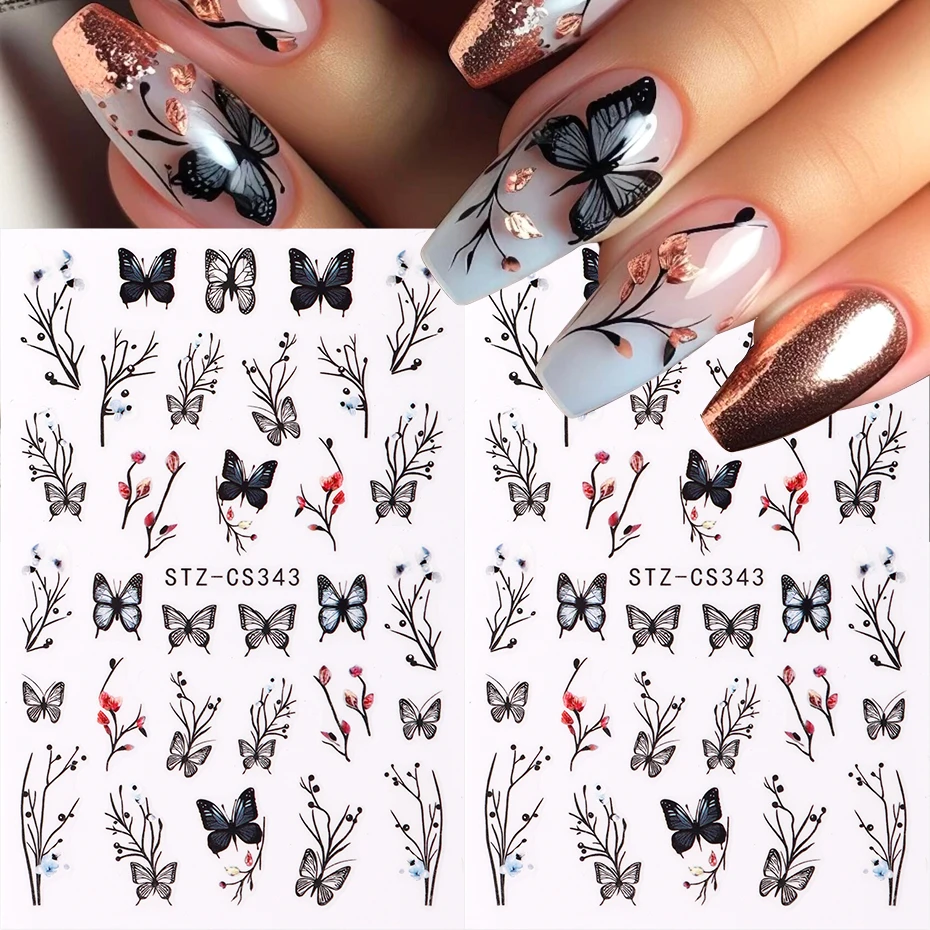 2 Stück schwarze Schmetterling Blume Blatt Nail Art Aufkleber dunkle Gothic Schmetterling Nagel Charms Blumen Abziehbilder selbstklebende Sliders DIY Maniküre