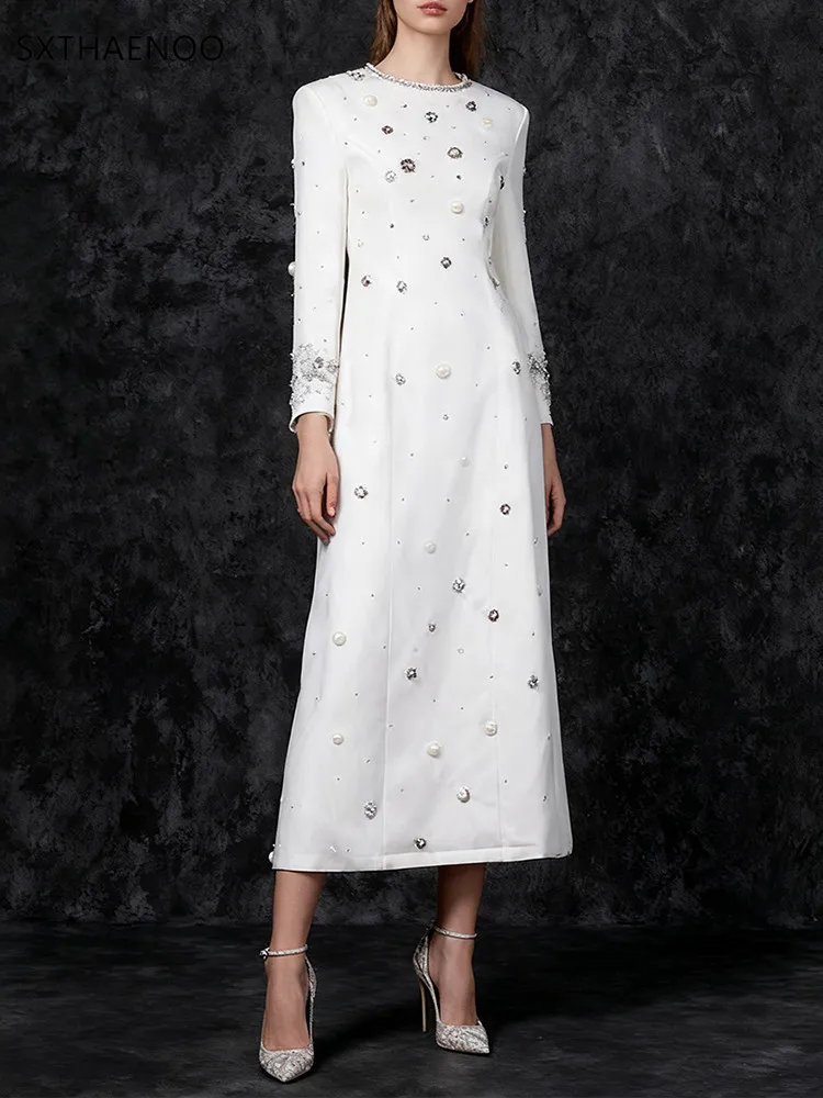 

SXTHAENOO Shiny Diamond Bead Slim Formal Maxi Dress Women'S Long Sleeved O-Neck Elegant Celebrity Evening Runway Gowns 2026