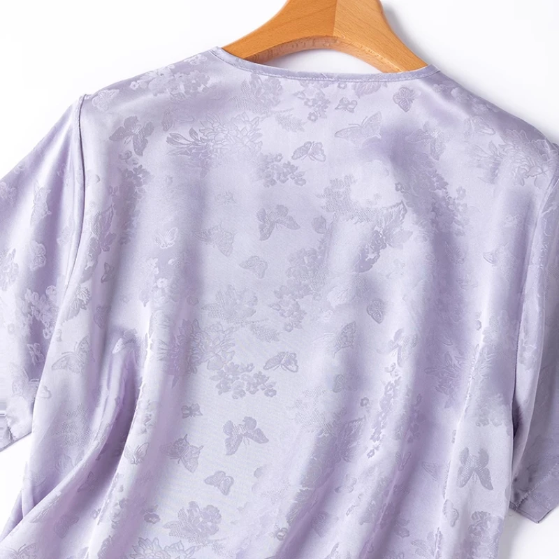 Birdtree 100% Mulberry Silk Tshirts,Summer Women Satin O Necks Straight Tops Purple Color Short Sleeve Tees New 2025 T55605JF