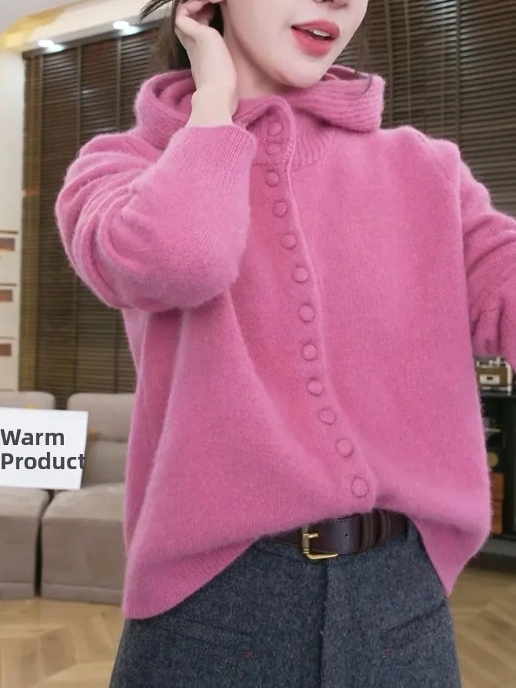 

Sweet Temperament Pink Knitted Open Cardigan Soft Comfortable Hooded Coat Warm Top Button down Sle Commute Faion Loose Fit