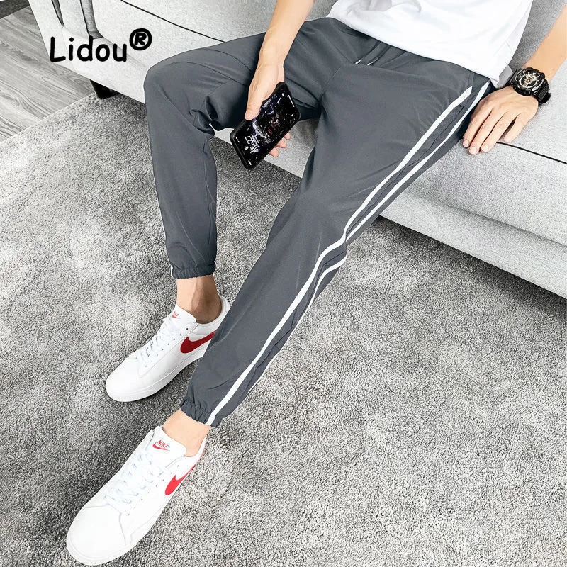 

Casual Color Matching Striped Ice Floss Ventilate Man Pockets Ninth Pants New Waist Drawcord Handsome All-match Male Trousers