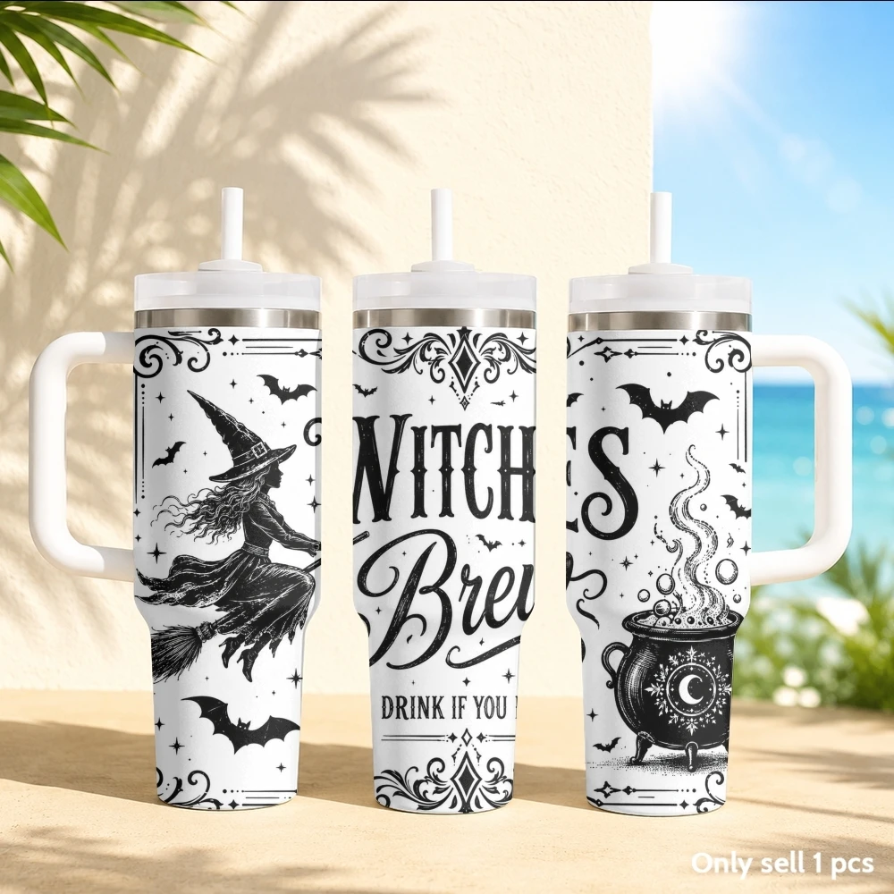 Halloween Witch Pattern Vacuum Flasks 40oz Stainless Steel Insulated Tumbler with Handle & Straw Leakproof Travel Mug