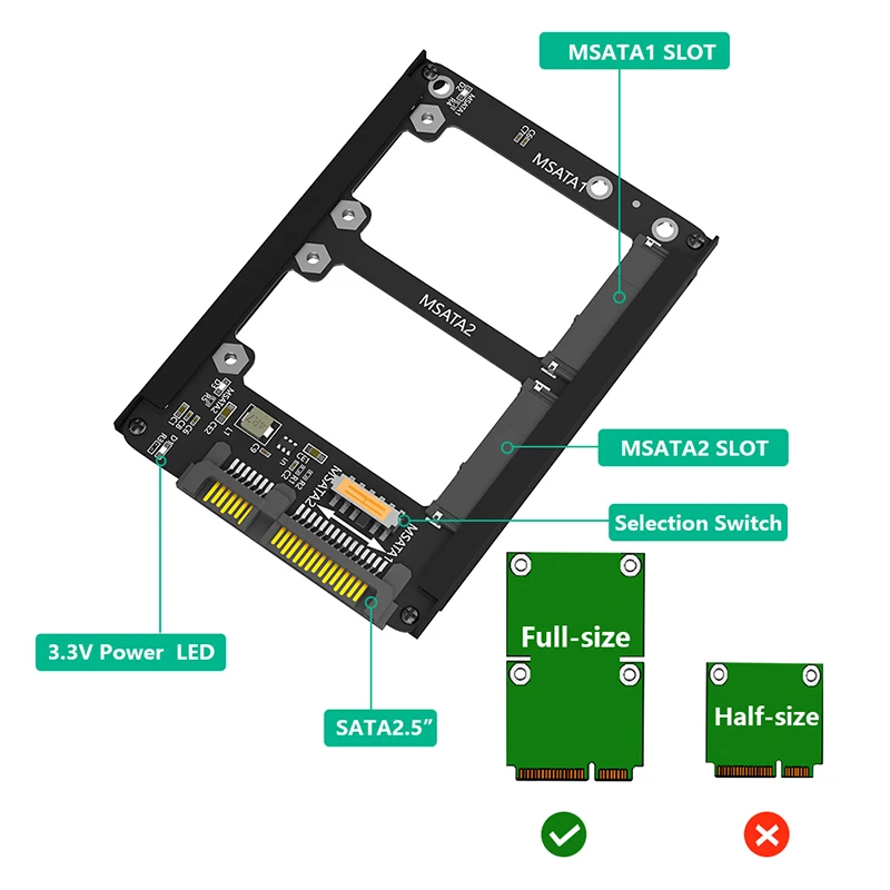 Adaptateur mSATA vers SATA Riser pour touristes, carte adaptateur, boîtier de prise en métal, SSD mSATA vers 2.5 ", SATA 3.0, 6Gbps