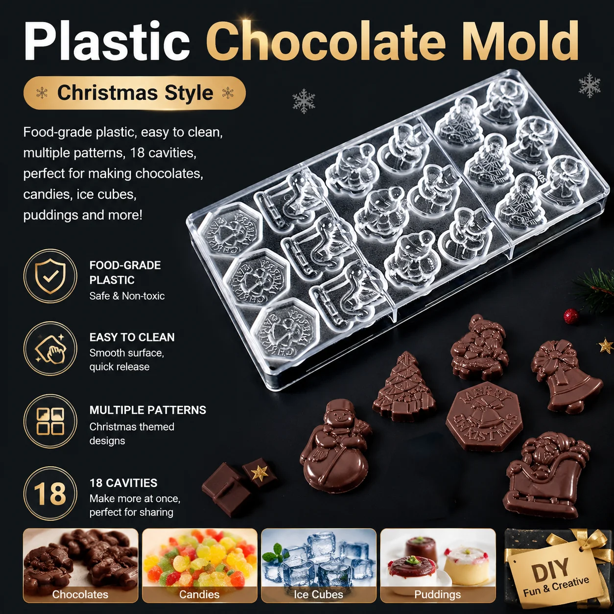 Christmas Chocolate Mold Polycarbonate Food‑Grade Santa Sleigh Snowman Bell Xmas Tree Homemade Candy Confectionery Baking Mould