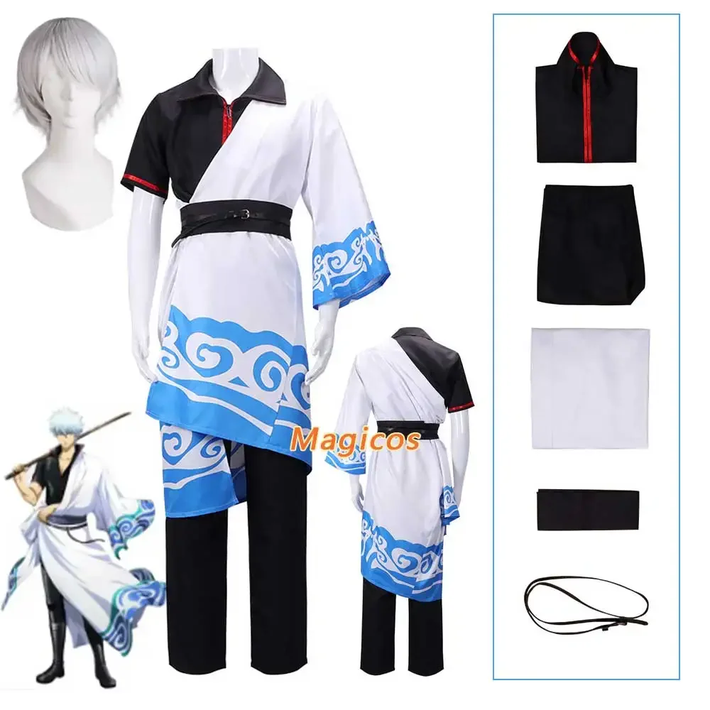 Anime GINTAMA Sakata Gintoki Cosplay Costume Animation Wig Japanese Kimono Cloak Uniform Man Halloween Carnival Party Suit