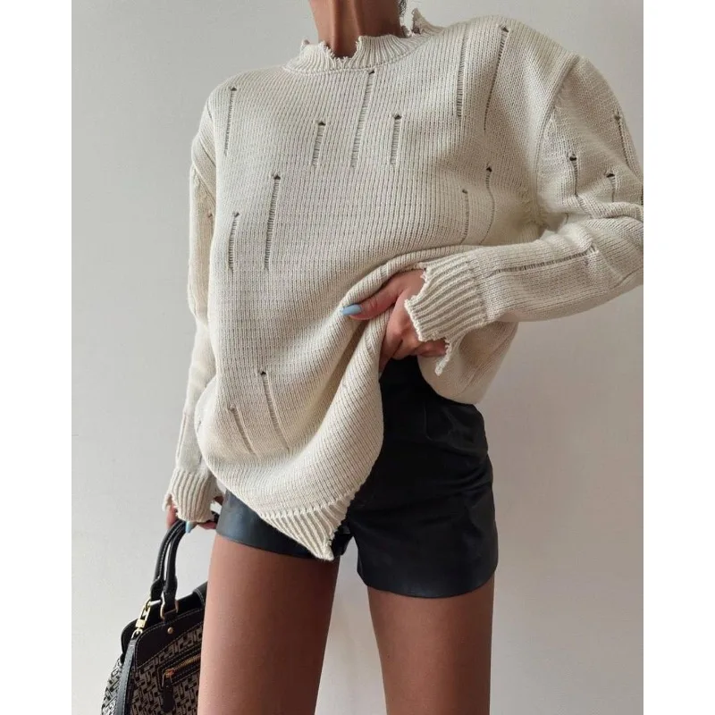 

2023 Autumn Winter Sweater Top Women Vintage Solid Color Loose Hole Sweater Women Fashion Long Sleeve Crew Neck Pullover Sweater