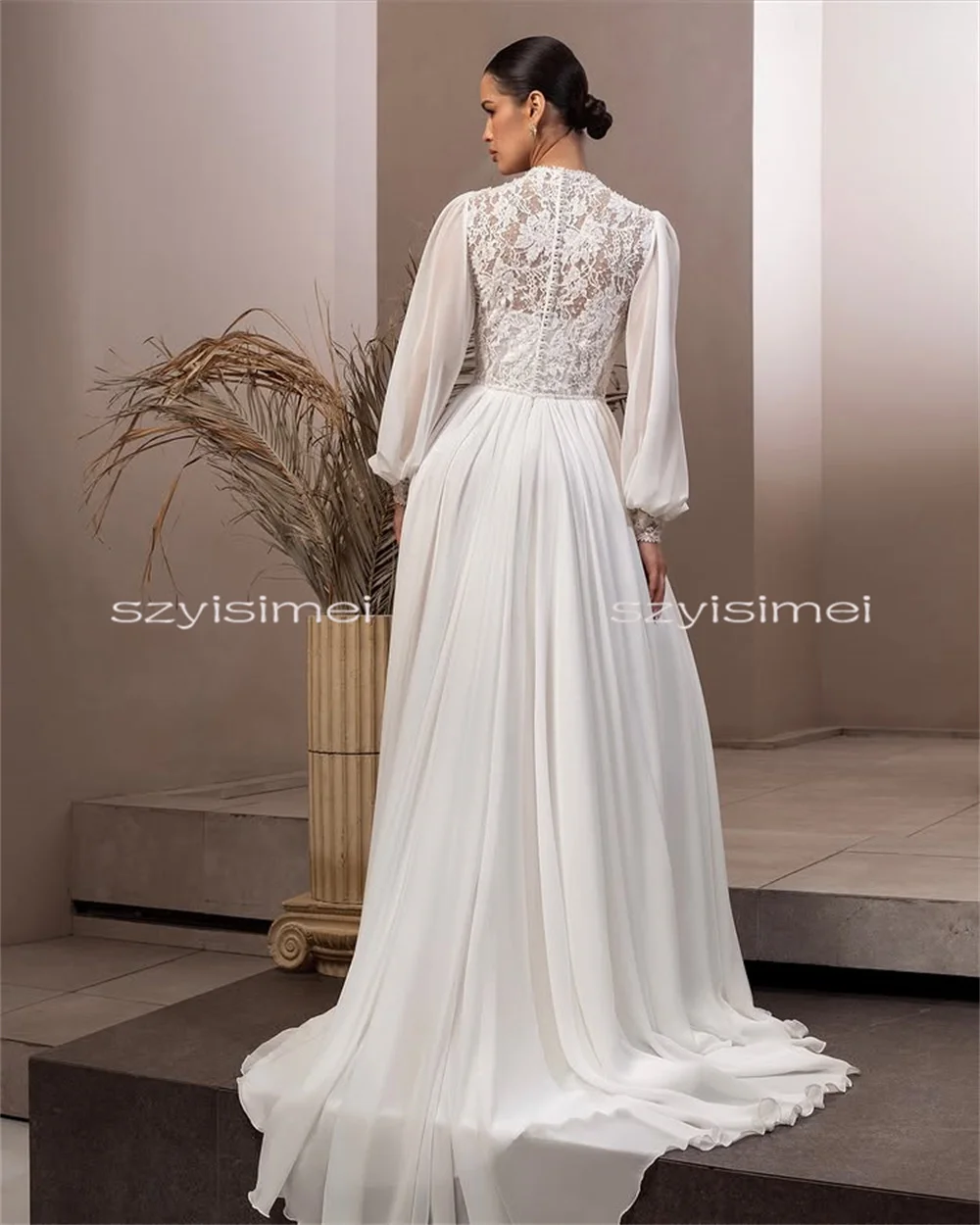 럭셔리 하이넥 레이스 아플리케 웨딩드레스 긴팔 A라인 앞트임 맞춤 제작 가능 웨딩드레스 202