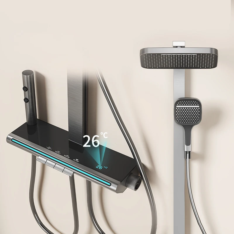

Душевая система с цифровым дисплеем и смесителем для ванной, цвет серый, с функцией горячей и холодной воды, умная душевая система