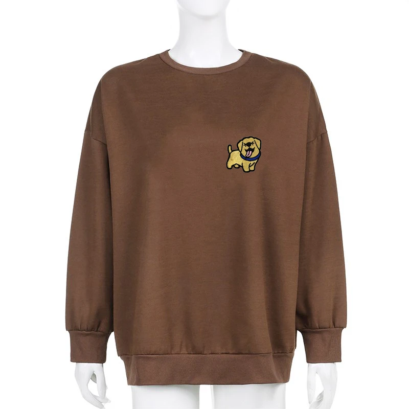 

Embroidery Long Sleeves Sweet T-shirts Women Spring Summer Y2k Tops Clothing Casual Harajuku Fashion Men Streetwear Brown Tees