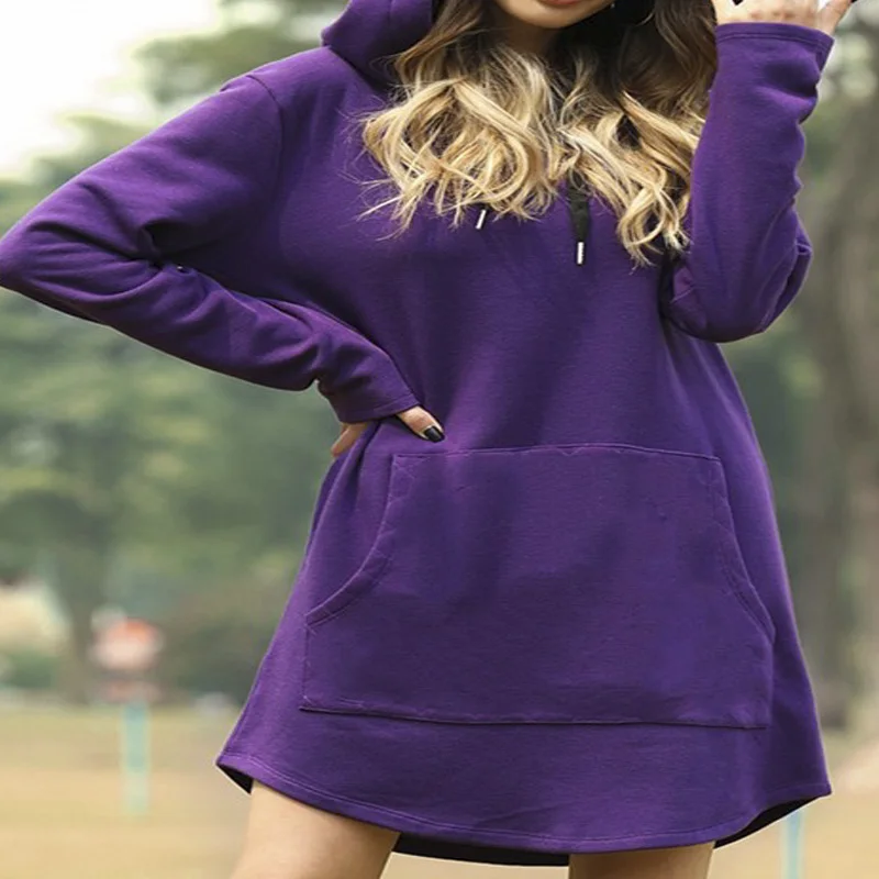 Jocoo Jolee Casual Loose Solid Women Hoodies Long Style Sweatshirt Casual Pocket PLUS SIZE Hoodie kpop Hoody Dress Pullover