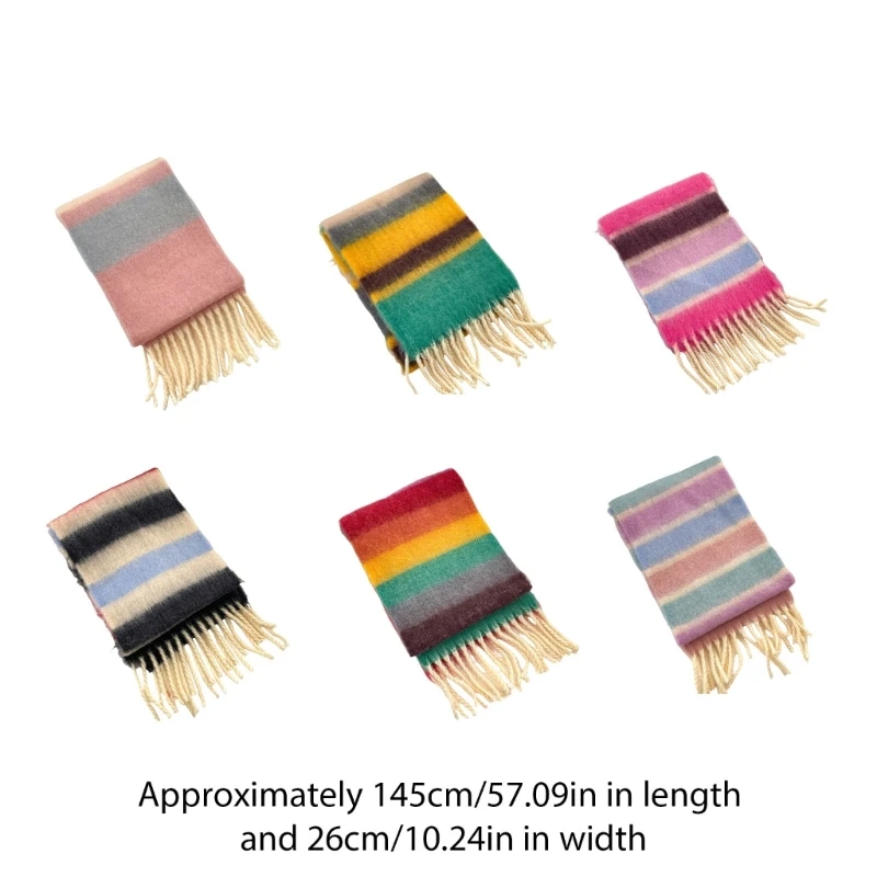 F19F Colorful Striped Kids Scarf with Tassels, Soft & Comfortable Neckerchief Warm Winter Accessory for Boys Girls 3-12Y