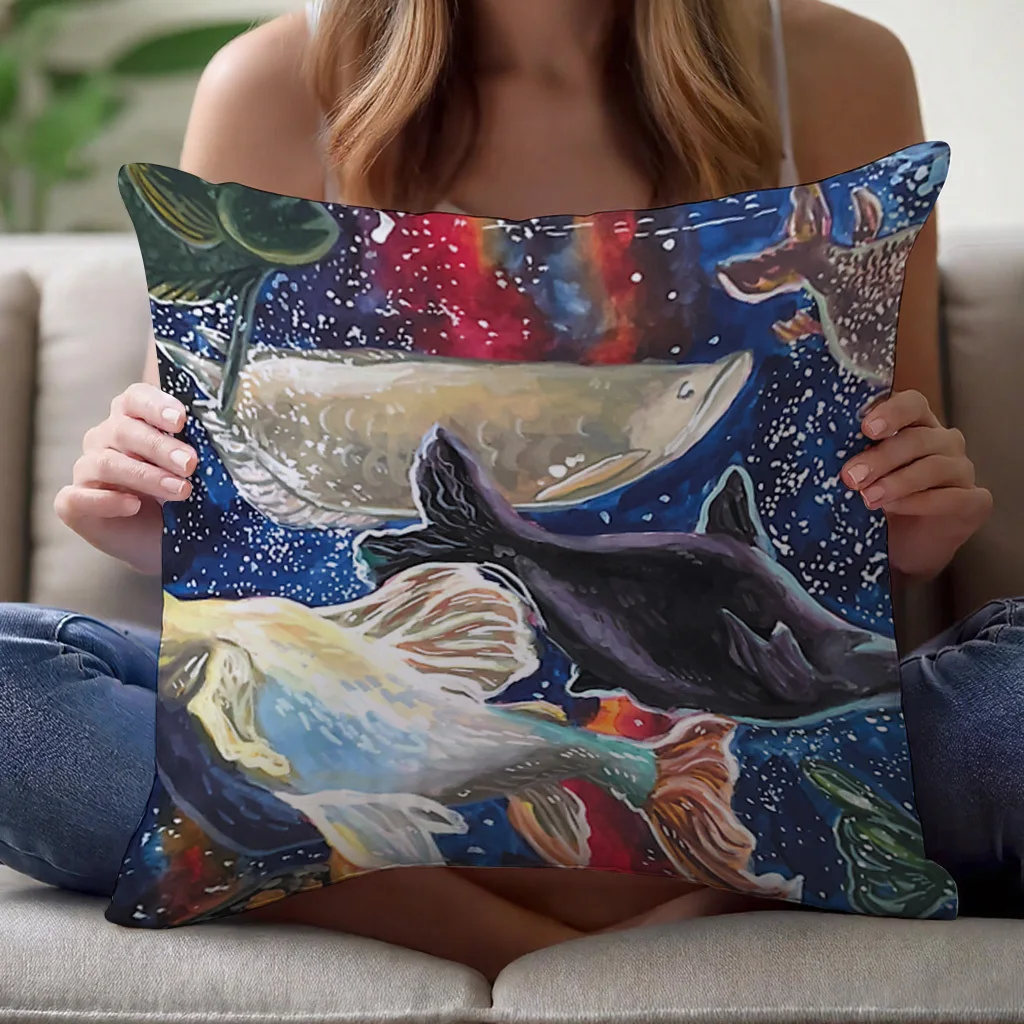 Artistic Underwater Fish Print Pillow Cover Ocean Aquatic Nautical Throw Cushion Case Decorative Home Decor