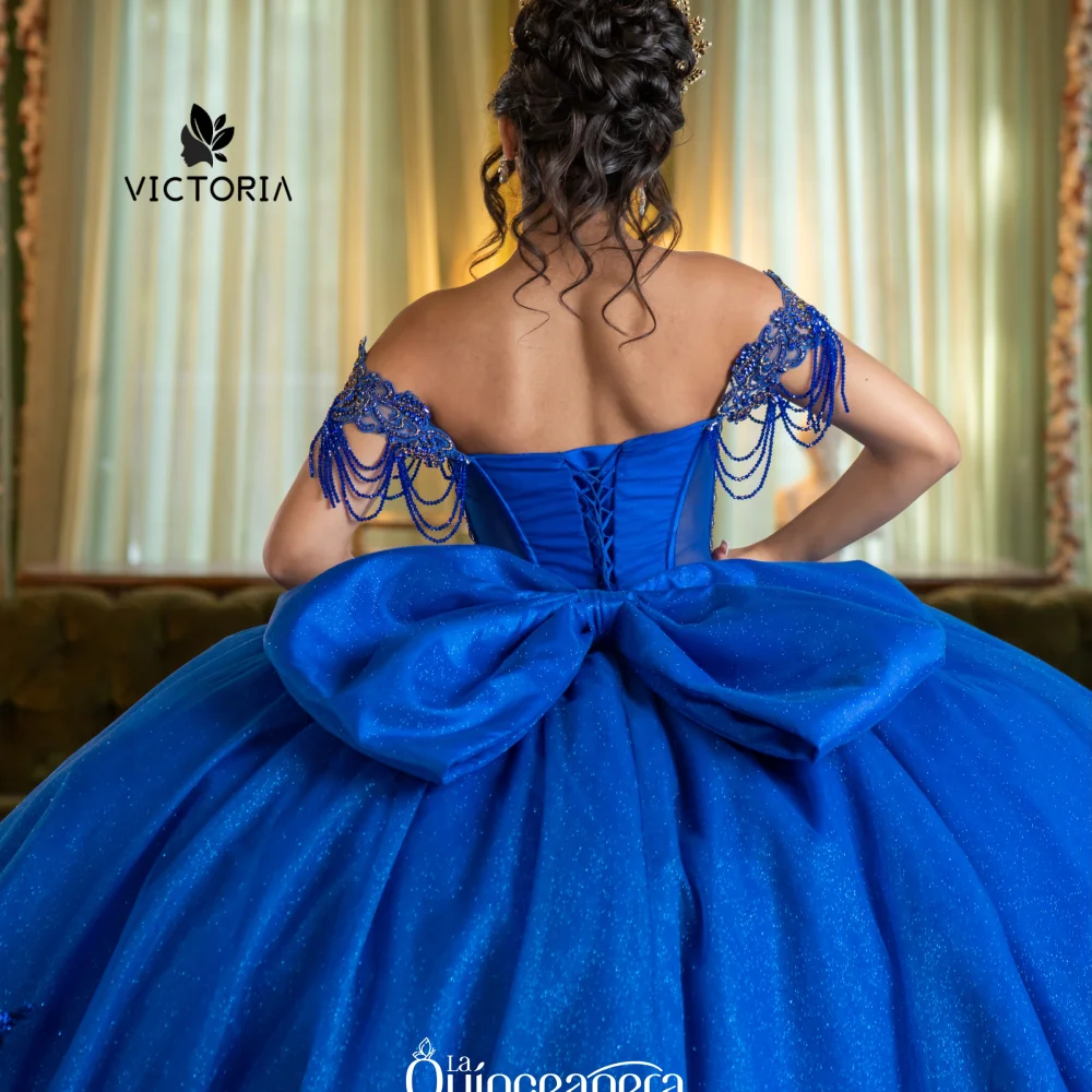 Customized Royal Blue Sequined Lace Beaded Quinceanera Dress Exquisite Off Shoulder Bow Princess Ball Gown Long Stunning Sweet