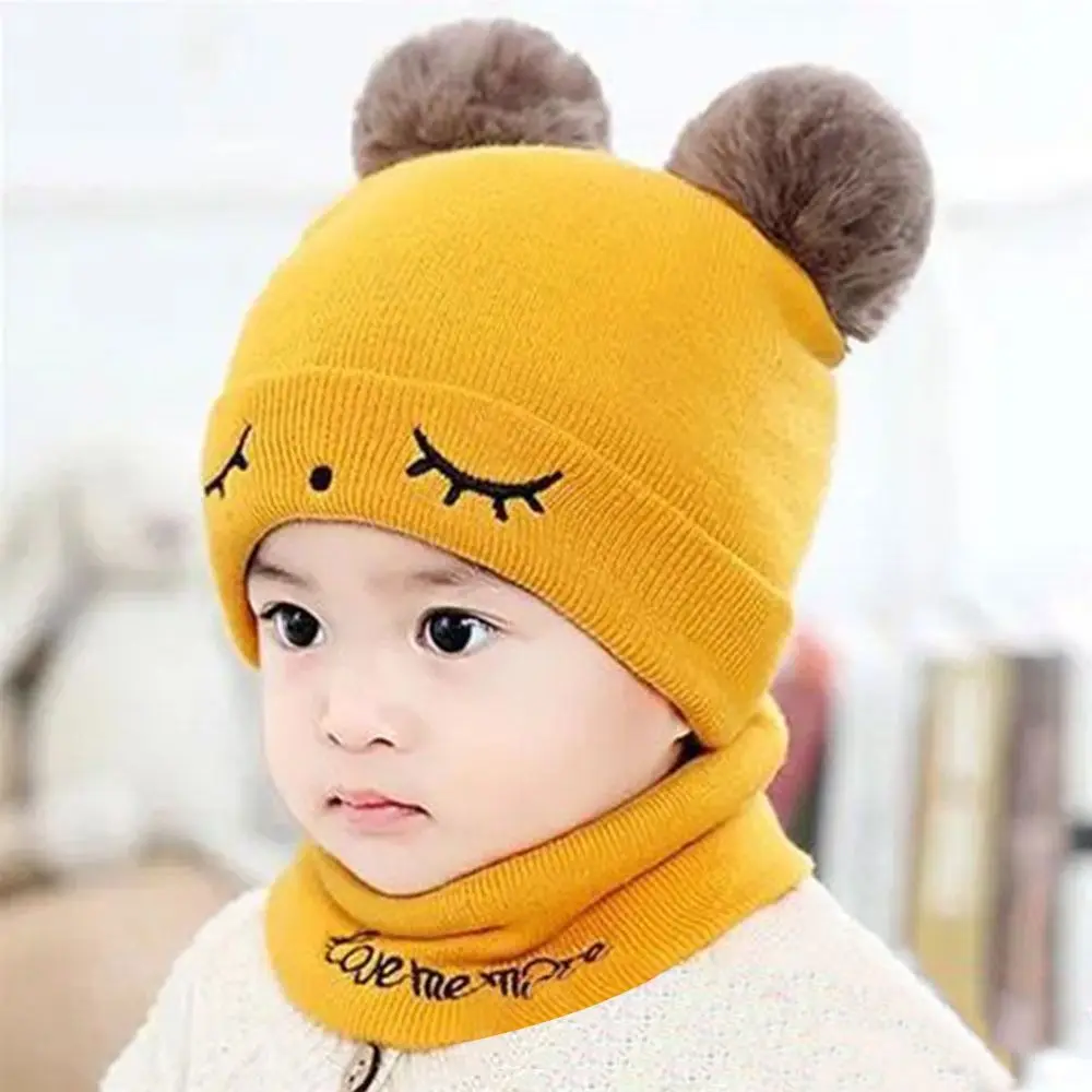 Winter Warm Kids Gebreide Muts Oorbescherming Schattige Baby Beanie Cap Windproof Cartoon Muts Sjaal Set Peuter