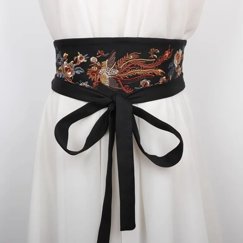 Women Crane Embroidered Wide Waist Belt Self Tie Wrap Sash Straps Dress Kimono Obi Waist Belts Antique Hanfu Accessories