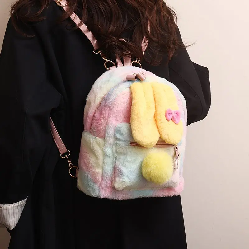 Mochila de felpa con Orejas de conejo para niñas, de gran capacidad bolsa pequeña, suave y esponjosa, para ocio, compras, moda urbana