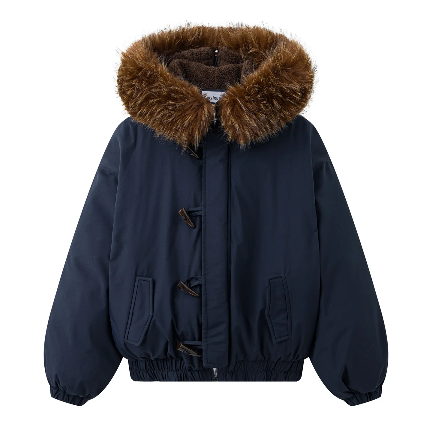 

Parkas Coats Women Solid Jackets Toggle Pocket Zipper Big Fur Hooded Long Sleeves Thick Casual Office Lady 2025 Autumn Winter