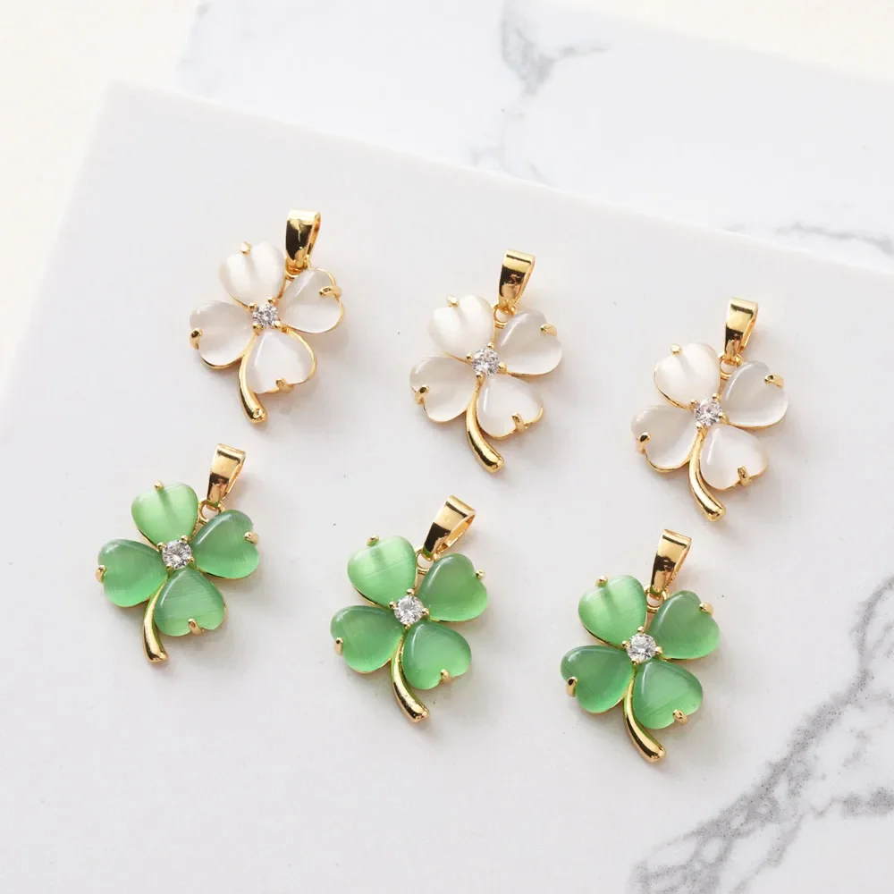 2PCS 18K Gold-plated Four-leaf Clover Opal Necklace Pendant Charms for Jewelry Making Supplies Diy Hand-made Brass Accessories