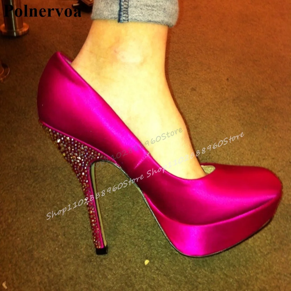 

Luxurious Rose Red Shallow Crystal Heel Platform Pumps Thin High Heel Women Shoes Slip On Round Toe 2025 Zapatos Para Mujere