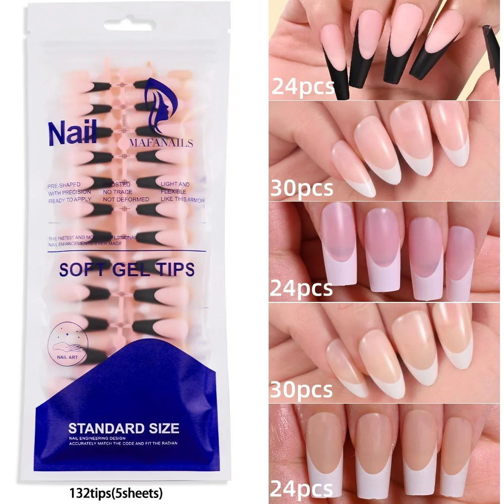 132Pcs Pre-French Gel Tips Soft Gel System Medium Long Almond Square White/Black French Tip Gel Nails 12 Sizes for DIY Manicure*