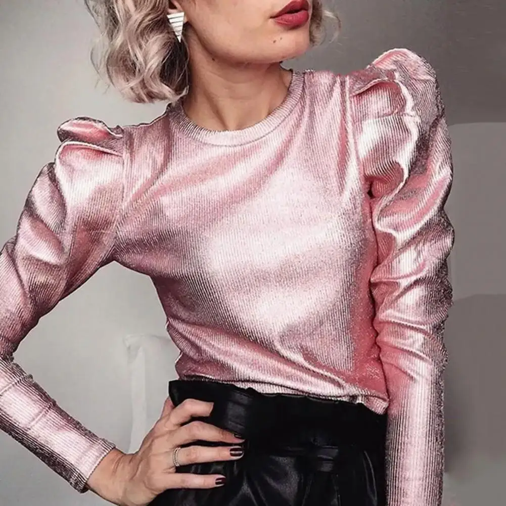 Natural Feel Women Tops Fashionable Women\'s Punk Style Long Sleeve Pullover Tops in Solid Pink Golden Silver Casual Loose Fit