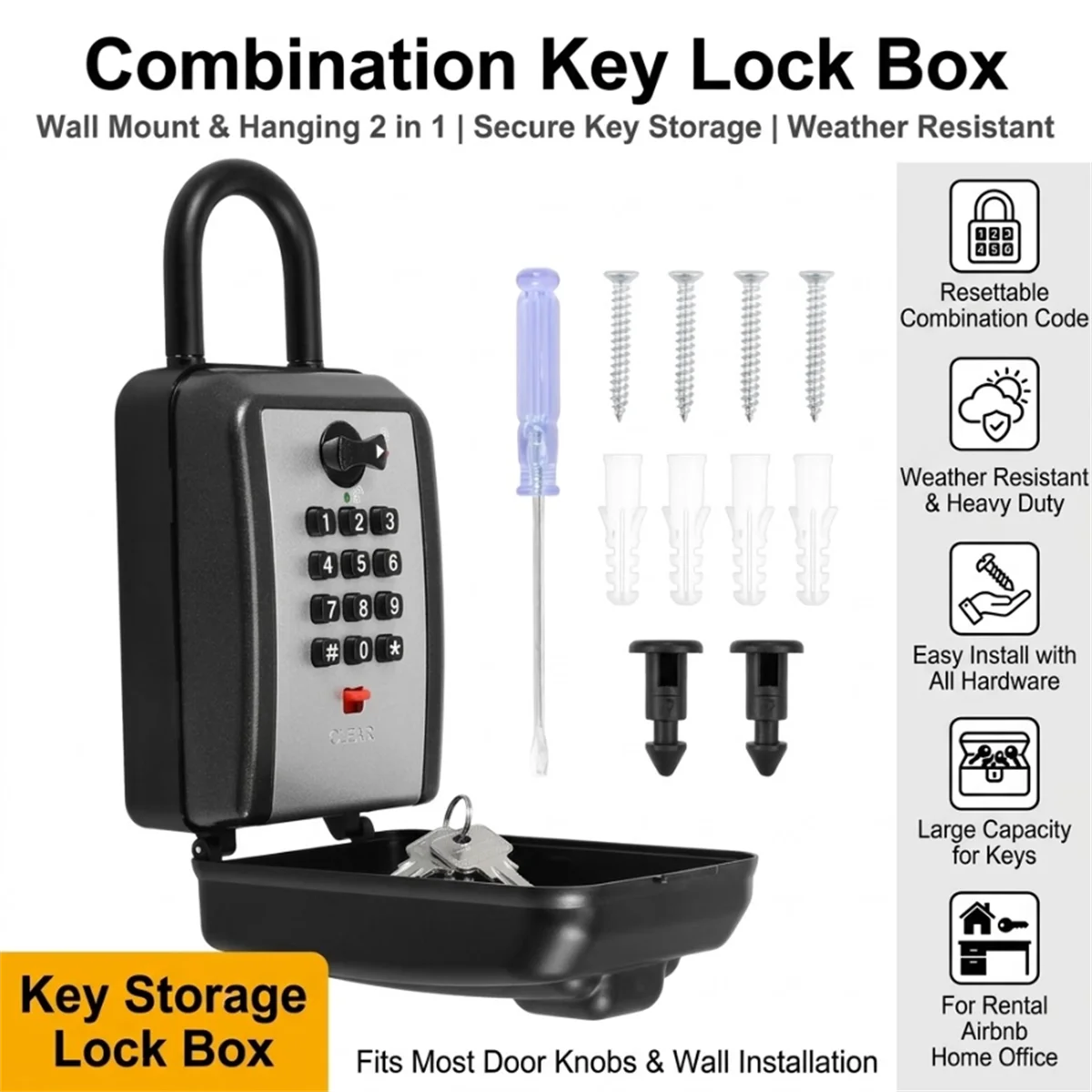 Key Lock Box Wall Mount Padlock Aluminum Alloy Push Button Combination Lock Waterproof Security Safe Case for Real Estate Home