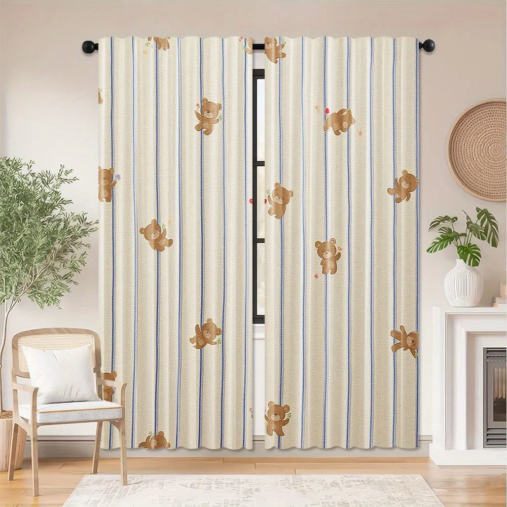 2PCS Digital Print Curtains, Cute Cartoon Teddy Bear Pattern Blue Stripe Beige Background, Kids Adorable Style for Nursery ／