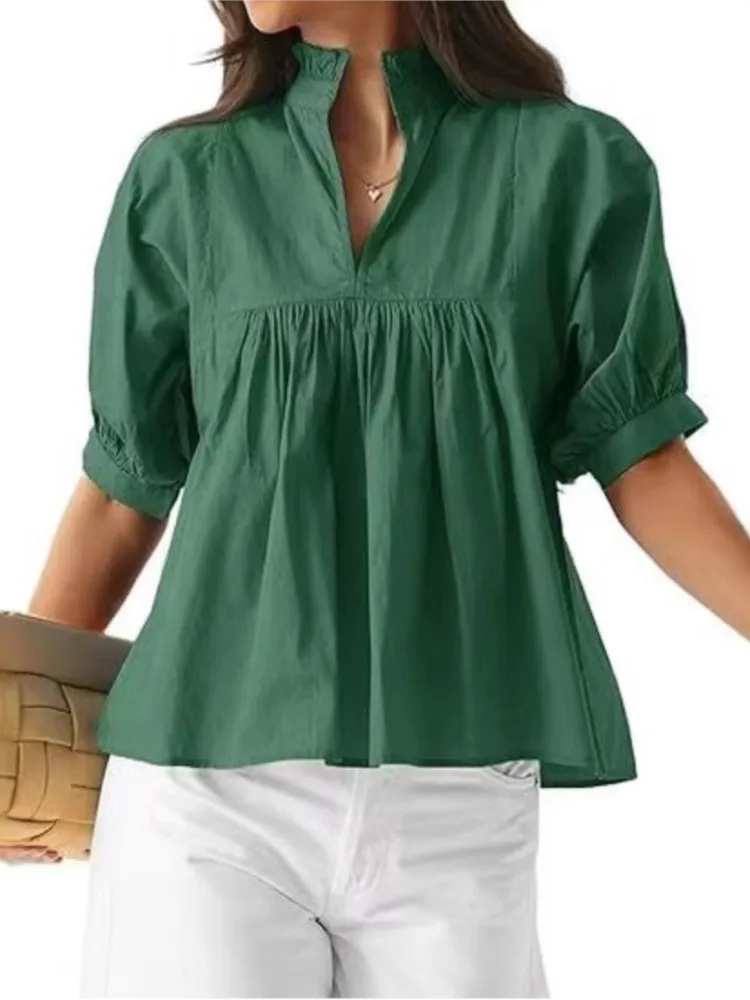 

Summer Female Casual Solid Color Half-sleeve Shirt Fashion Half-high Collar Office Loose Blouses Ladies Beautiful Elegance Top