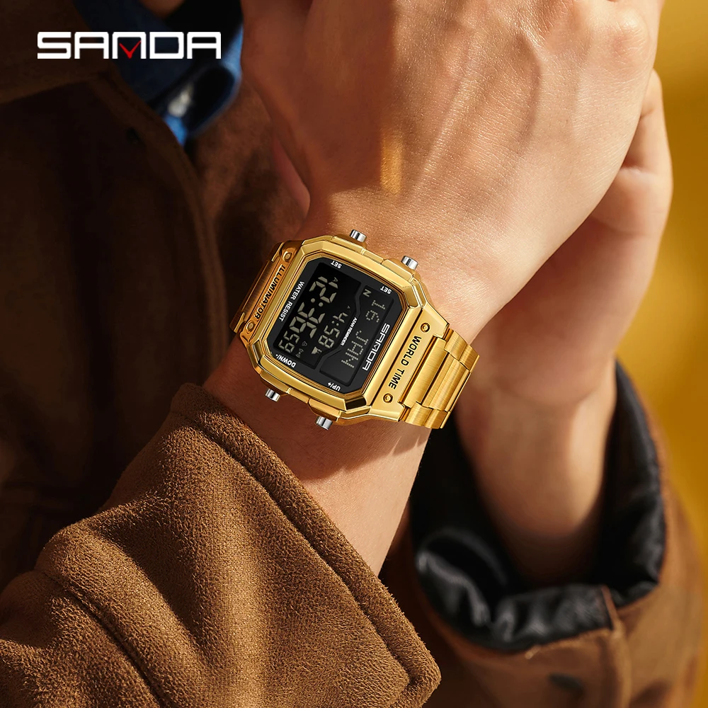 SANDA 2173 мужские электронные цифровые часы водонепроницаемые светодиодные многофункциональные таймеры обратного отсчета мужские электронные часы будильник