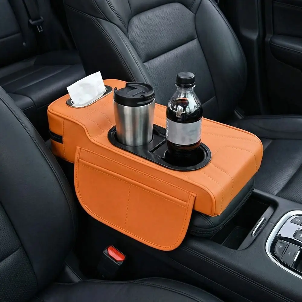 

PU Leather Car Center Armrest Box Adjustable with Tissue Box Center Console Pad Side Extension Pockets 2 Cup Holder