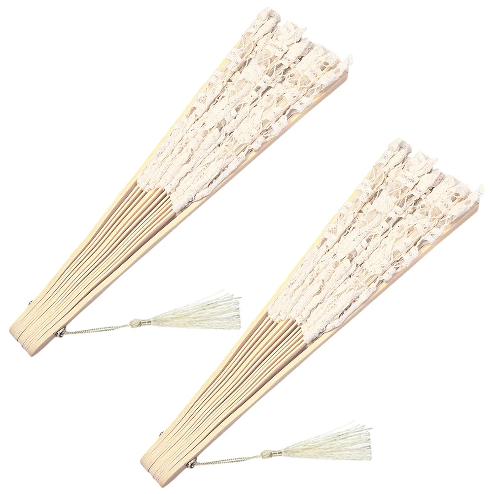 

2pcs Palace Bamboo Bone Lace Handheld Fans Vintage Folding Fans for Wedding Party Stage Performance Tea Dance Prop