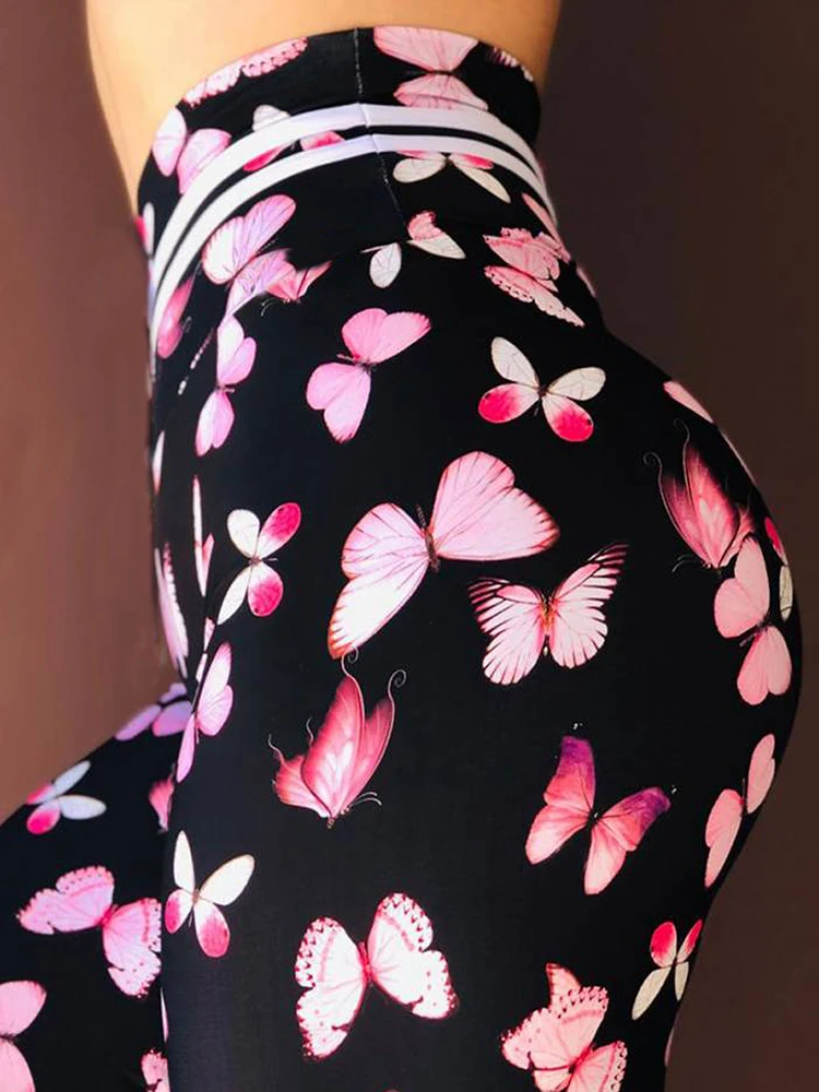 Mallas deportivas con estampado de mariposa para mujer, Leggings de cintura alta, elásticos, talla grande, para correr