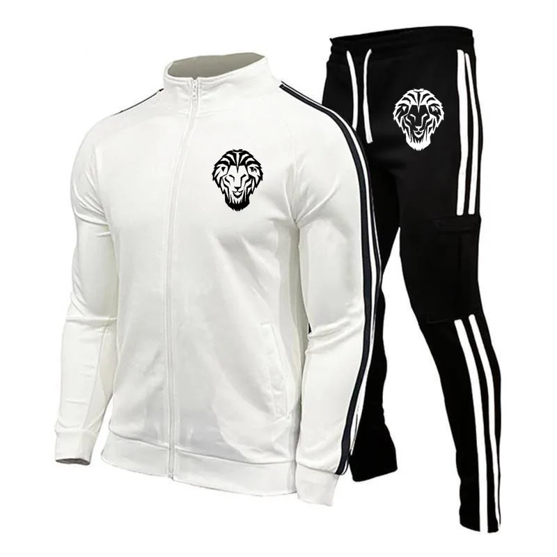 Fitness Running Sportswear Suit para homens, marca casual, design listrado de moda, estampa de leão, jaqueta masculina, vendendo