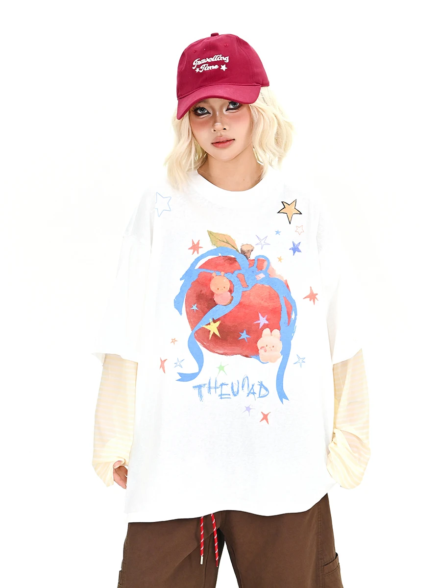 

Boring Fun Star Loose Long Sve T-irt Women's Spring New Sle Lazy Top Street Sle Neutral Straight Cut Vintage Breathable