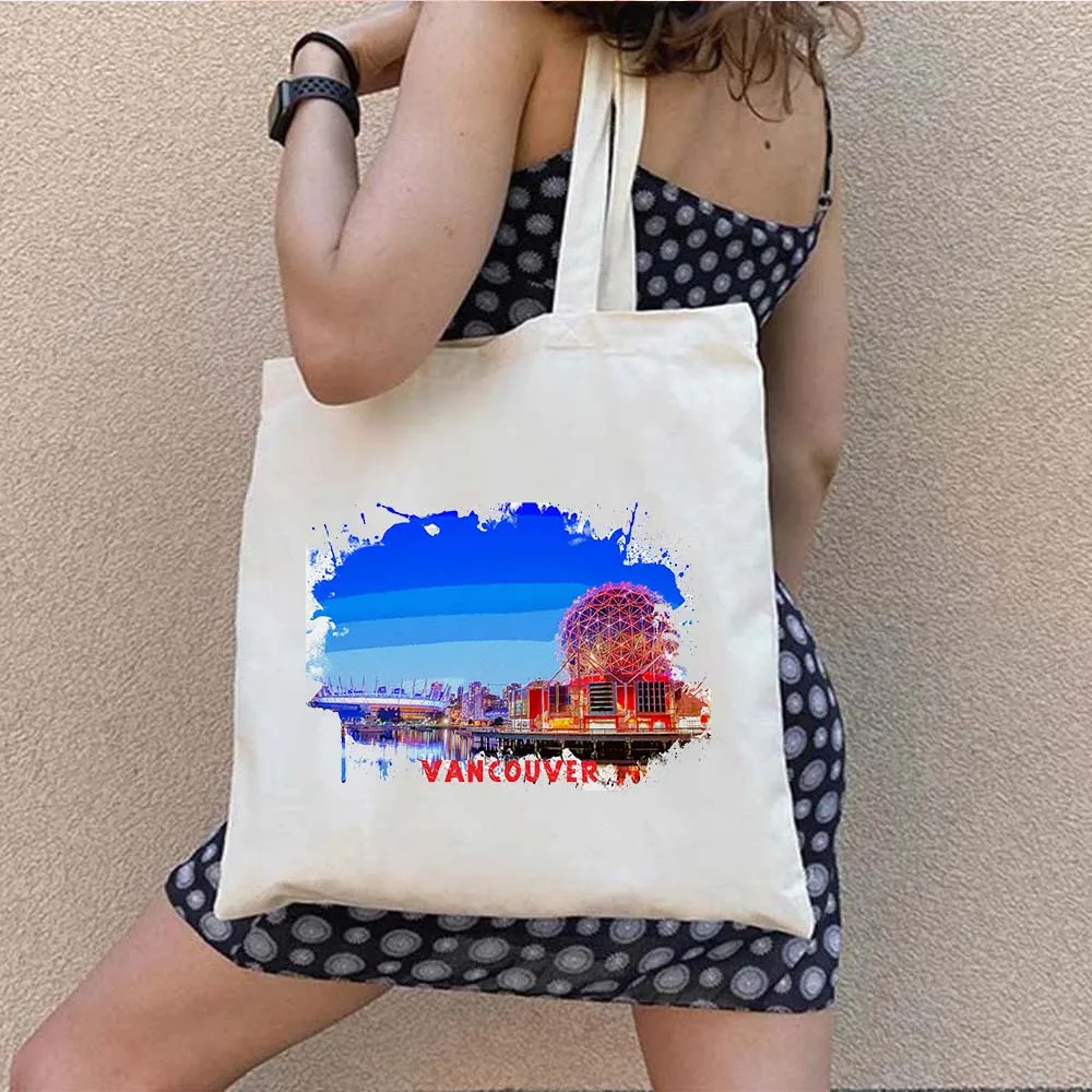 Toronto Canada Vancouver City Sights Watercolor Ink Painting Shoulder Canvas Cotton Tote Bags Reusable Harajuku Shopper Handbags