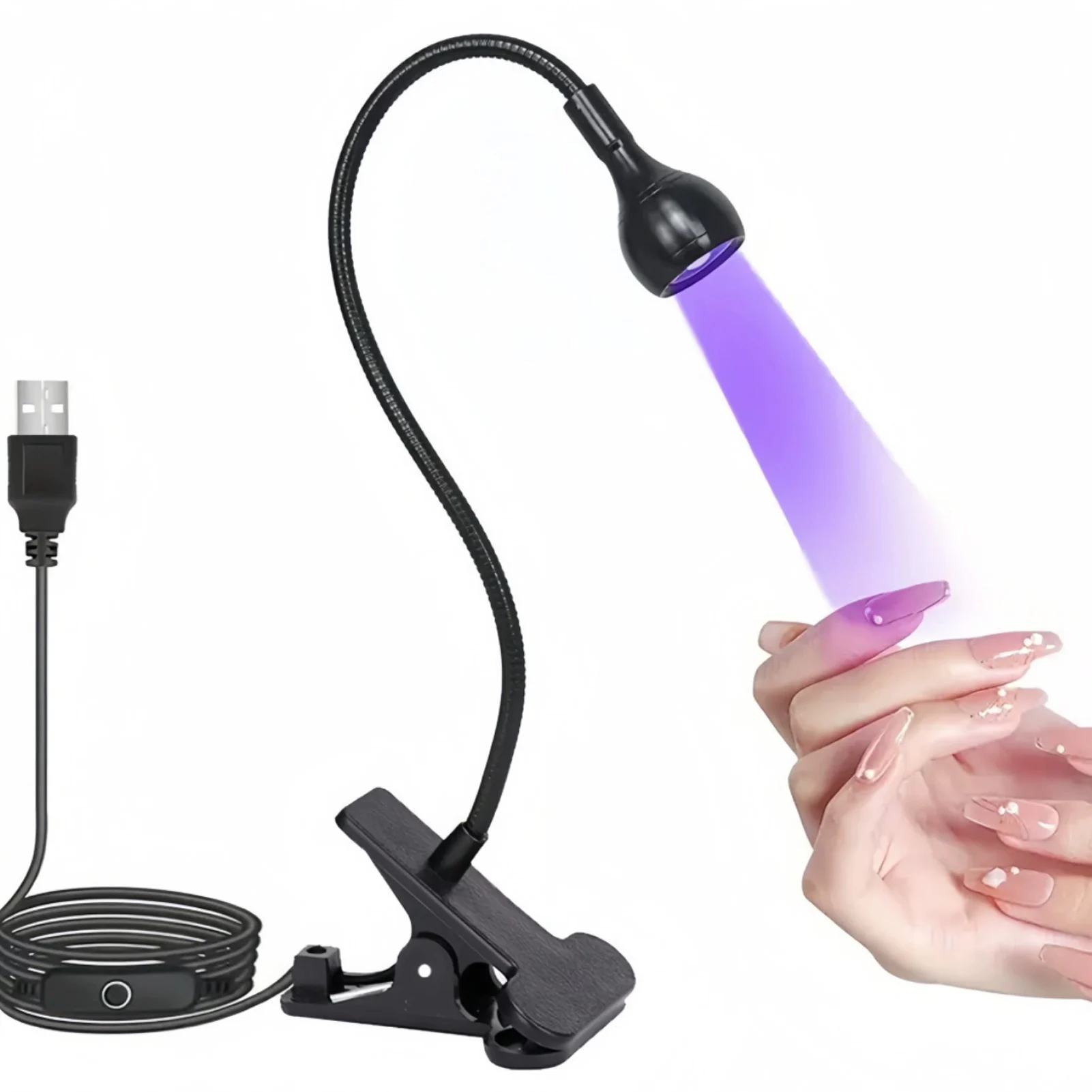 Lampada per unghie UV da 395 nm, lampada per polimerizzazione delle unghie in gel alimentata tramite USB, asciugatrice portatile per smalto gel con interruttore on/off, morsetto forte, 360 °   Rota Rota