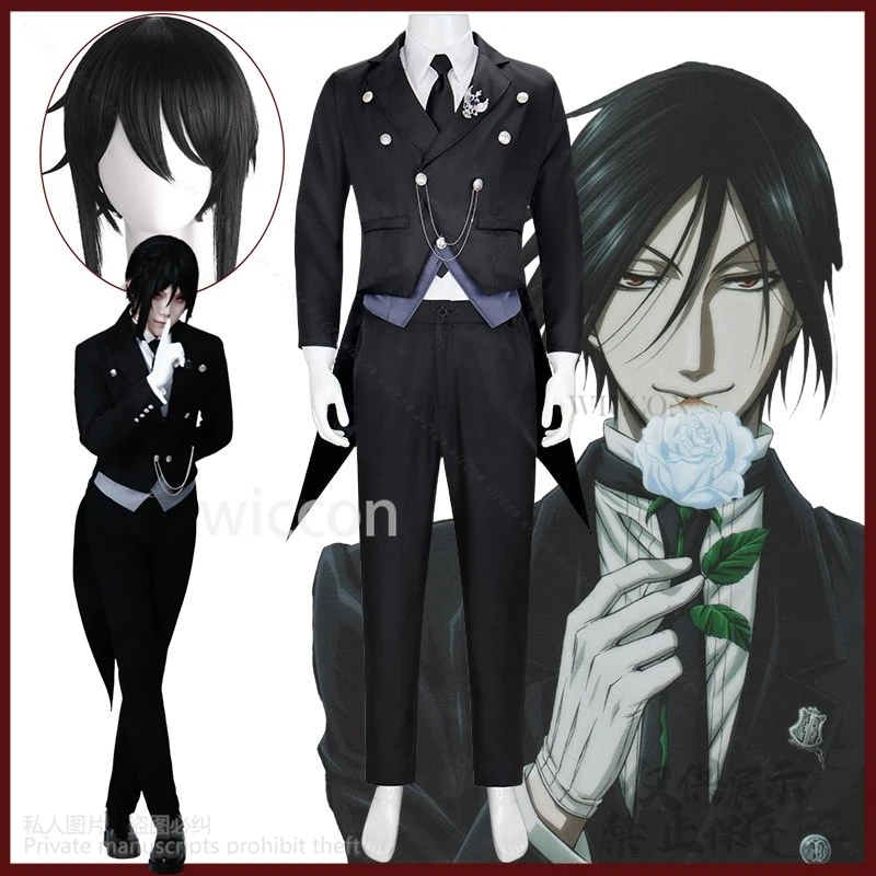 

Черный аниме Батлерр Косплей Себастьян Дьявол Униформа Костюм Пальто Брюки Рубашка Галстук Жилет Парики Для Хэллоуина Рождество Индивидуальные