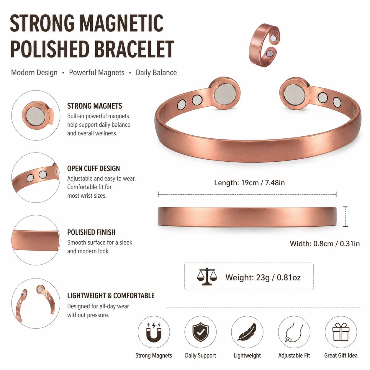 Pulseira Magnética Aberta em Forma de C Europeia e Americana, Pulseira de Cobre Antigo com Superfície Lisa e Forte Sucção Magnética Retro