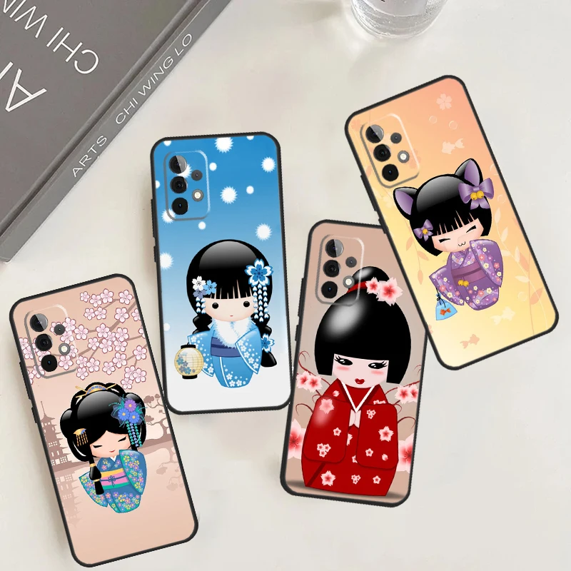 Japanese Geisha Kokeshi Doll Case For Samsung Galaxy A52 A32 A22 A12 A14 A24 A34 A54 A53 A33 A13 A15 A25 A71 A51 Cover