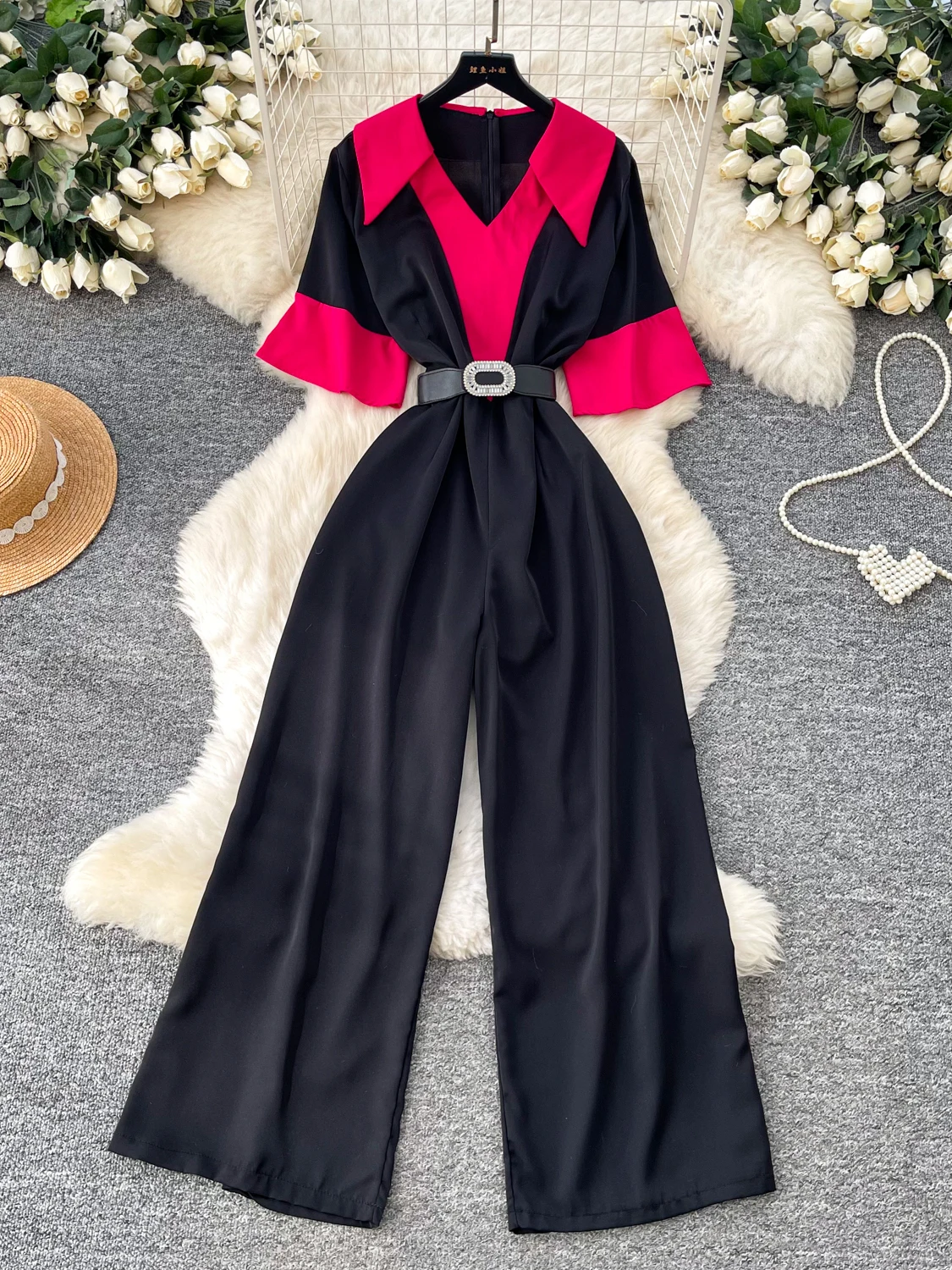 

High Waist Suit V Neck Short Sleeve Wide Leg Pants Slimming Effect Commute Style Summer Collection Chinese Origin