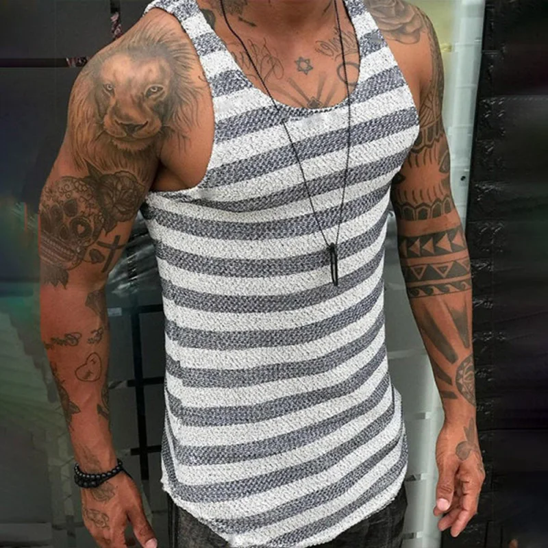 2024 European Station Men's New Summer Slim Fit Stripe Knit Shirt Men's Pullover Backing Knitted Tank Top