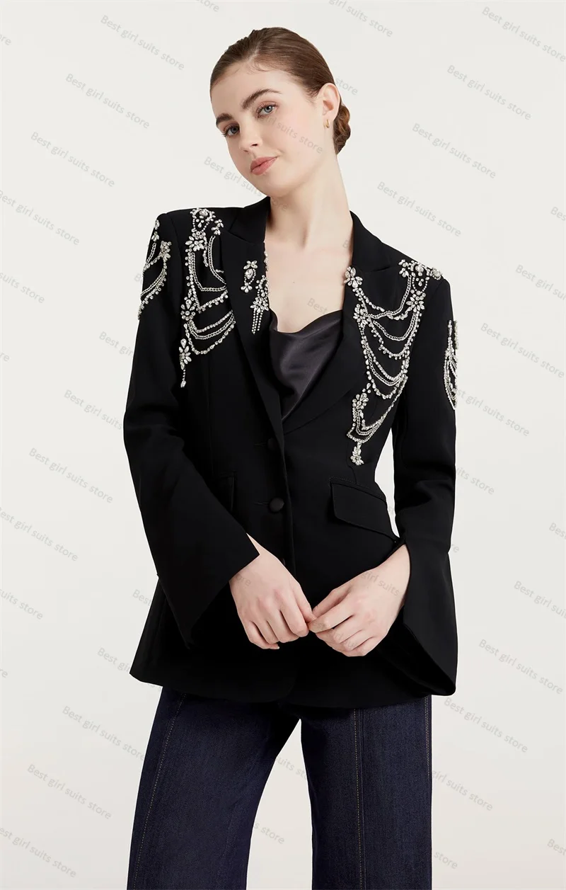 Luxury Crystals Women Suit 1 Piece Blazer Formal Office Lady Split Sleeve Jacket Coat Outfit Black Party Prom Dress Custom Made