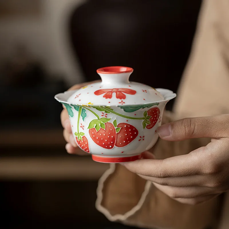 Underglaze Color Pure Hand Drawing Strawberry Lace Two Tureen Tea Brewing Bowl Areva Cute Style Kung Fu Set