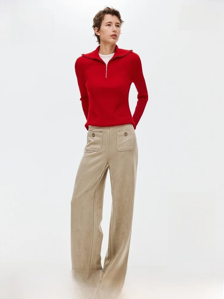 

H&M Spring New Women's Casual Straight Leg Pants Comfortable Sweat Cloth Fabric l Waist Polyester Fiber Spandex