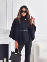 2025 Autumn Winter Women Single Buckle Batwing Sleeve Coat Elegant Lady Cloak Cape Woollen Tweed Poncho Thick Warm Loose Outwear