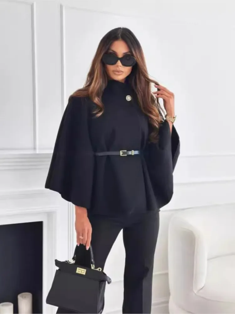 2025 Autumn Winter Women Single Buckle Batwing Sleeve Coat Elegant Lady Cloak Cape Woollen Tweed Poncho Thick Warm Loose Outwear